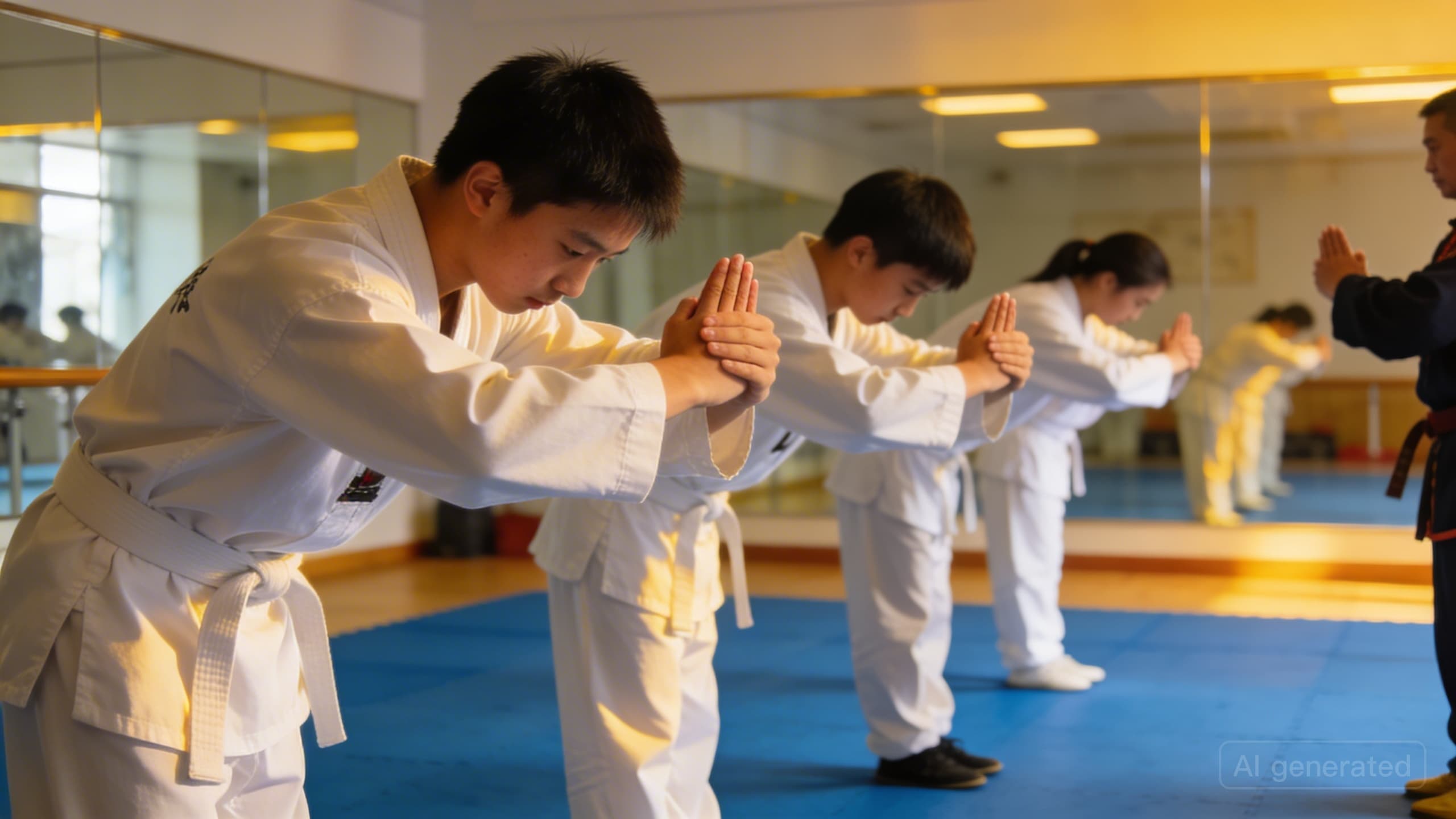 Sino Wushu students bowing with the traditional fist-over-palm salute